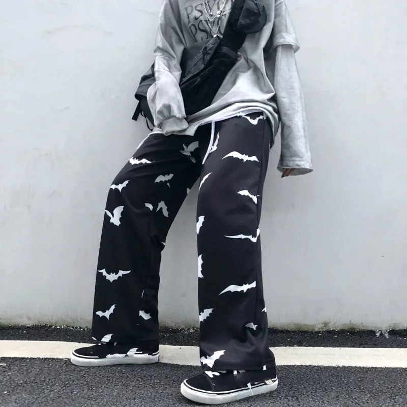 Neploe Harajuku черные длинные штаны с принтом летучей мыши для женщин и мужчин осень корейские прямые брюки повседневные уличные длинные штаны 54845