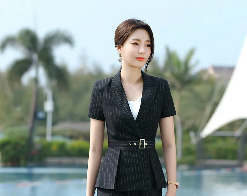 Женский Деловой брючный костюм блейзер с короткими рукавами и брюки офисный