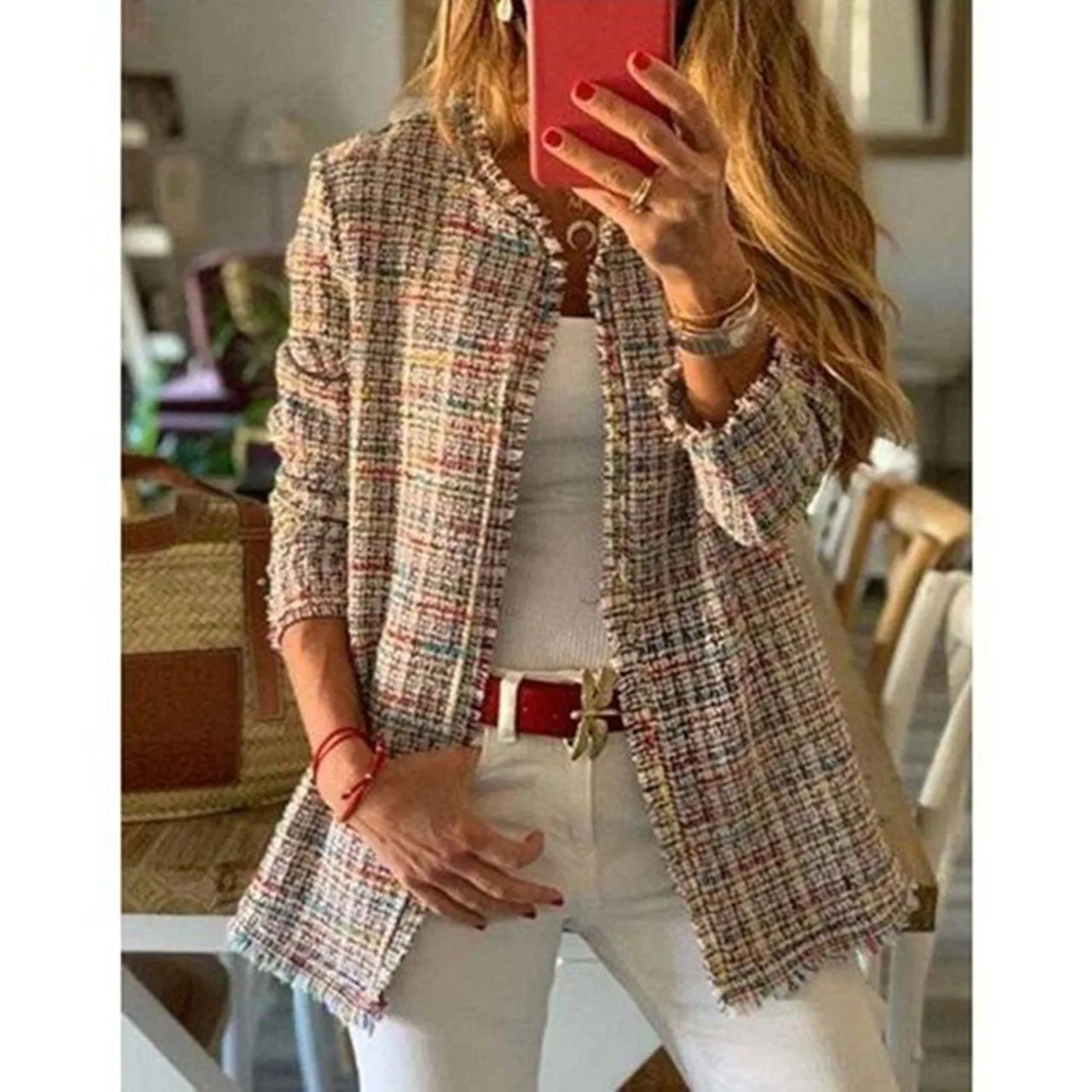 

New women's autumn and winter rainbow tweed small wind fragrant long woolen plaid sweater jacket women