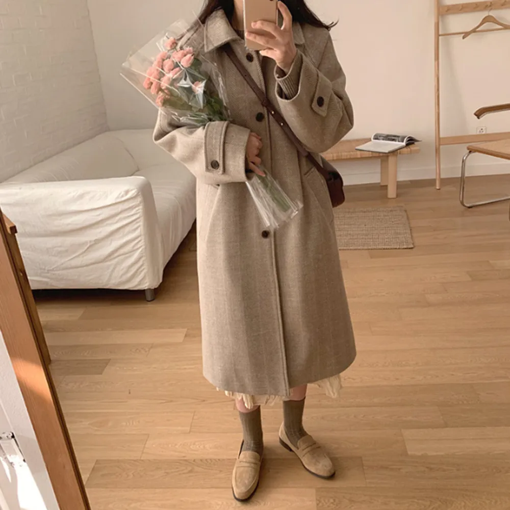 

Women Elegant Long Solid Woolen Coat Long Sleeve Fashion Single Breasted Chic Outerwear Ladies Overcoat Autumn Winter 2021
