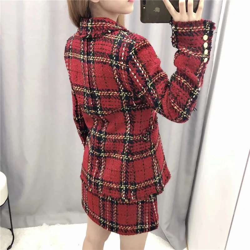 

PSEEWE Za Blazer Women Red Double Breasted Plaid Tweed Blazer Woman Winter 2021 Vintage Long Sleeve Office Elegant Female Jacket
