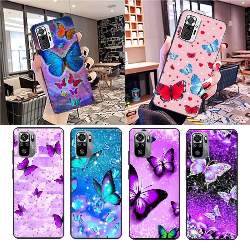 

Purple Butterfly Phone Case For Xiaomi Redmi Note 10 10T 10S Pro MAX 4G 5G 10X Pro Flash Butterfly Funda Carcasa Soft TPU Cases
