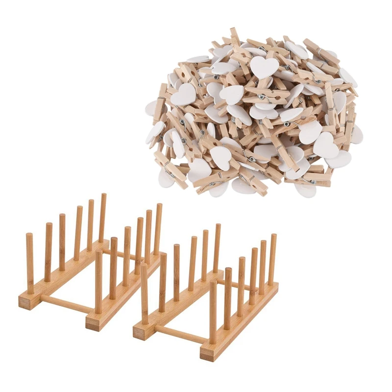 

100Pack Party Photo Paper Heart Shape Crafts Mini Wooden Clip With 2Pack Dish Drying Rack, Bamboo Dish Rack