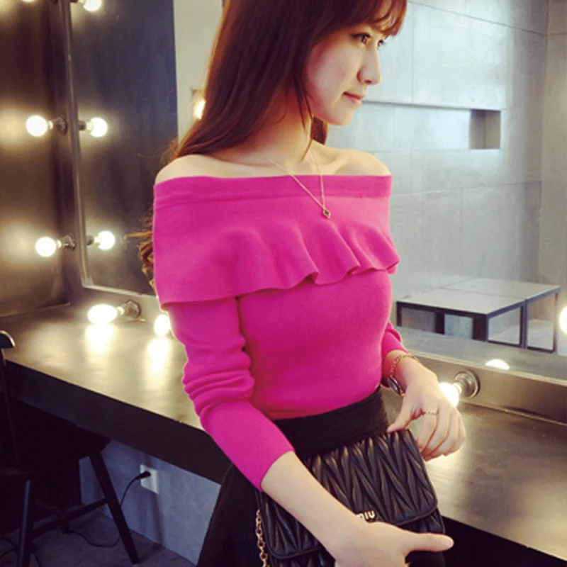 

CN 2020 Women Sweater Fashion Sexy Slash Neck Long Sleeve Knitted Elegant Ruffles Slim Fit Solid Color Sweater Women