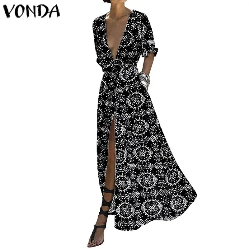 VONDA женское леопардовое платье Новое Осеннее сексуальное длинное вечернее платье с v-образным вырезом и высокой талией винтажное Повседневное платье размера плюс Vestidos - Цвет: Black