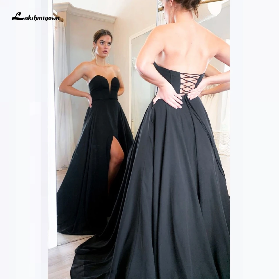 Женское длинное платье lakshmidress черное атласное для выпускного вечера вечерние