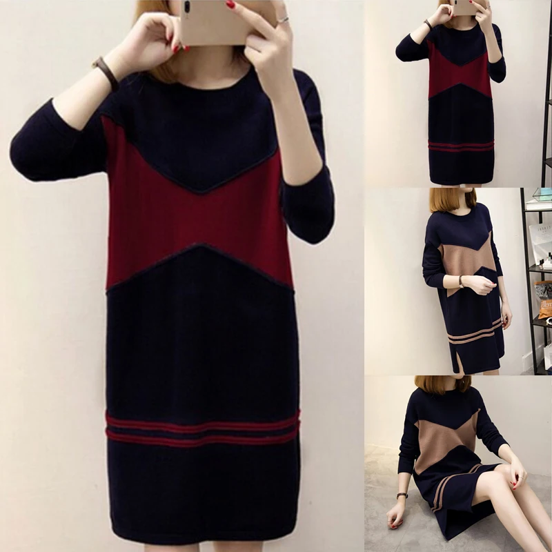 

Women Knitted Dress Long Sleeve Dresses Sweater Velvet Sundress Casual Split