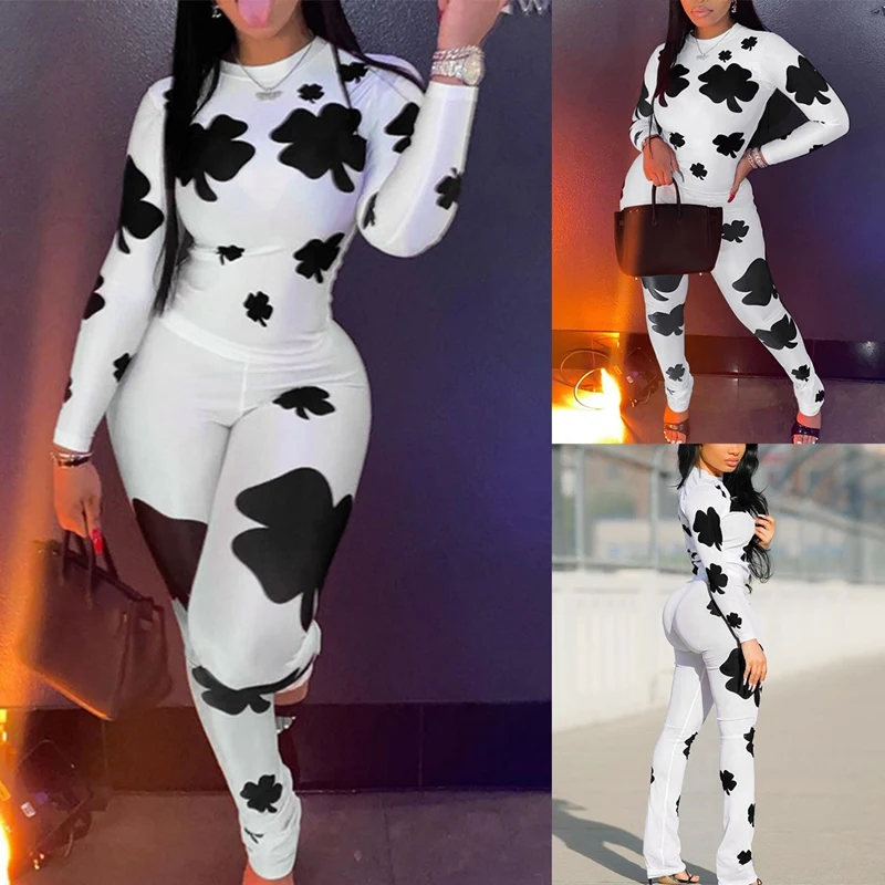 

Fashion O Neck Full Sleeve Print Slim Fit 2 Pieces Outfits Lady Autumn Print Sporty 2 Pieces Outfits for Women