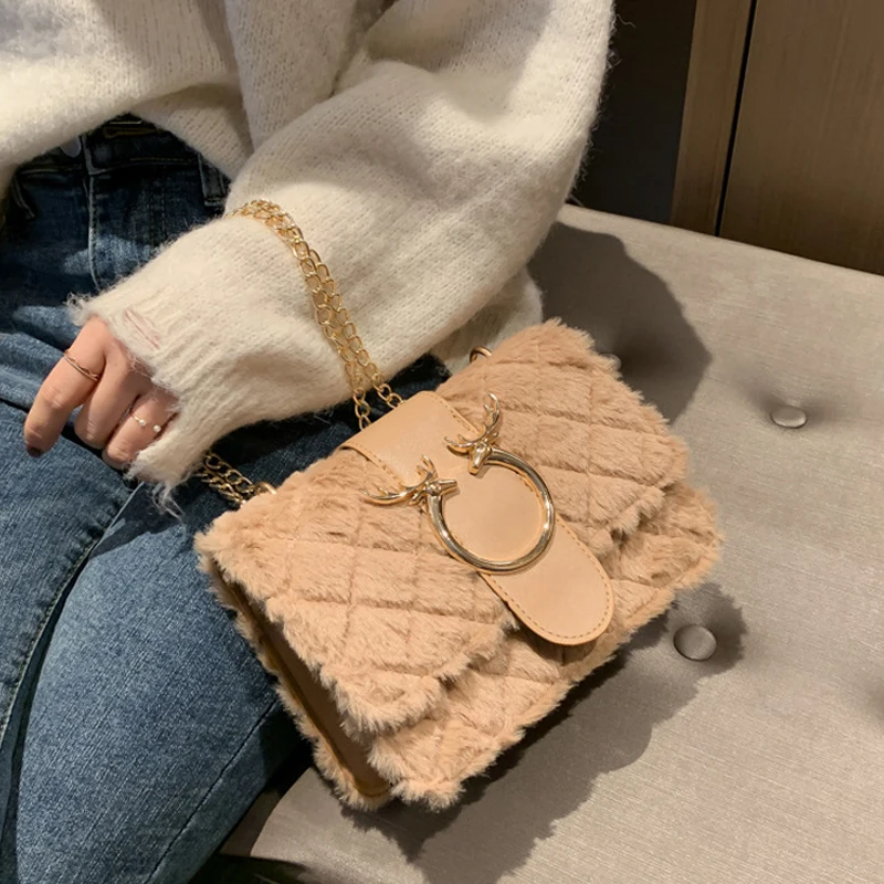 Female Winter Soft Plush Fur Designer Handbag Deer Lock Chain Shoulder Messenger Women Velour Crossbody Bags For Luxury Flap