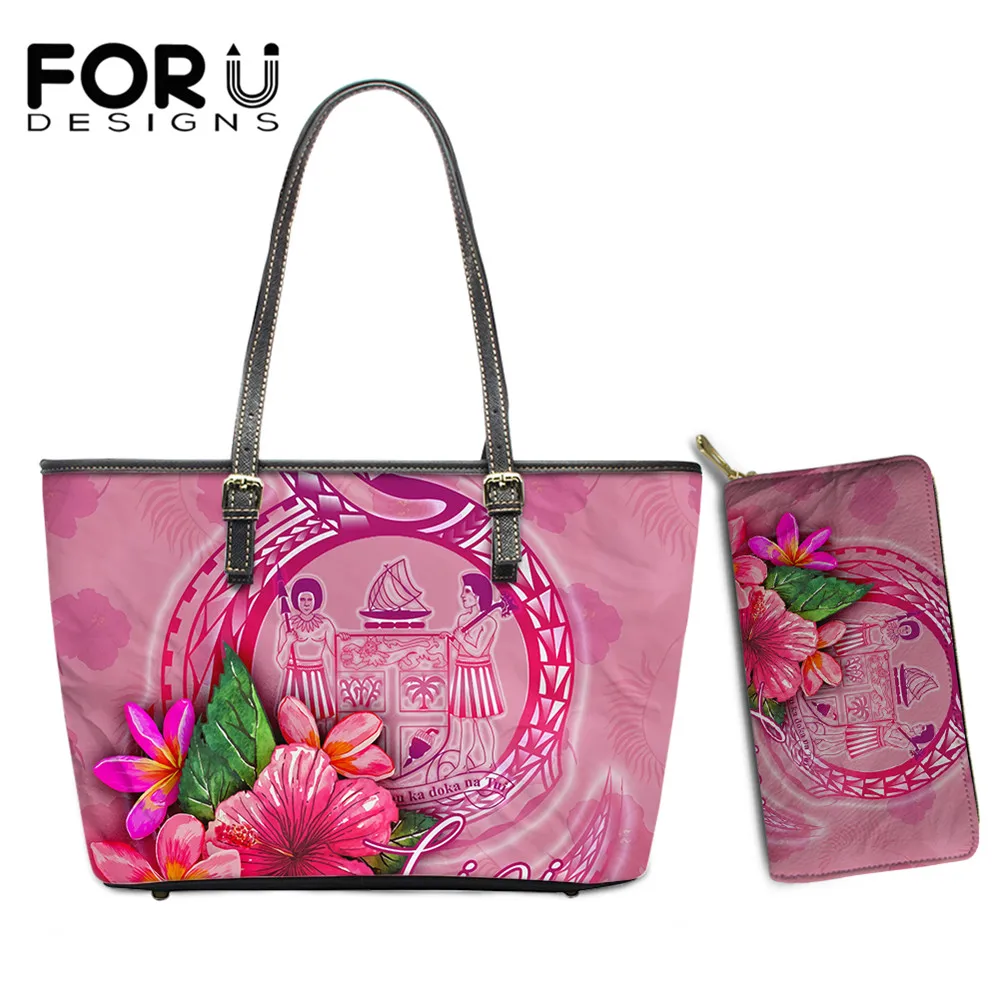 

FORUDESIGNS Polynesian Fiji And Hibiscus Printed Fashion Women's Crossbody Bags And Purse 2PCS Pu Leather Ladies Hand Bags Bolsa