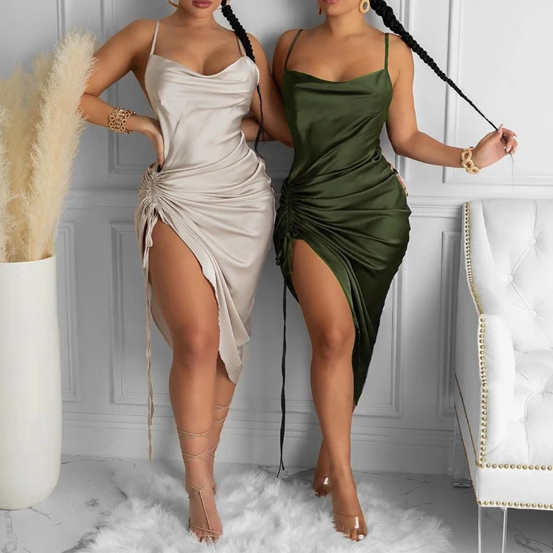 

2021 Ruched Satin Summer Dress Drawstring Spaghetti Straps Cowl Neck Backless Long Sundress for Women Club Party Sexy Vestidos
