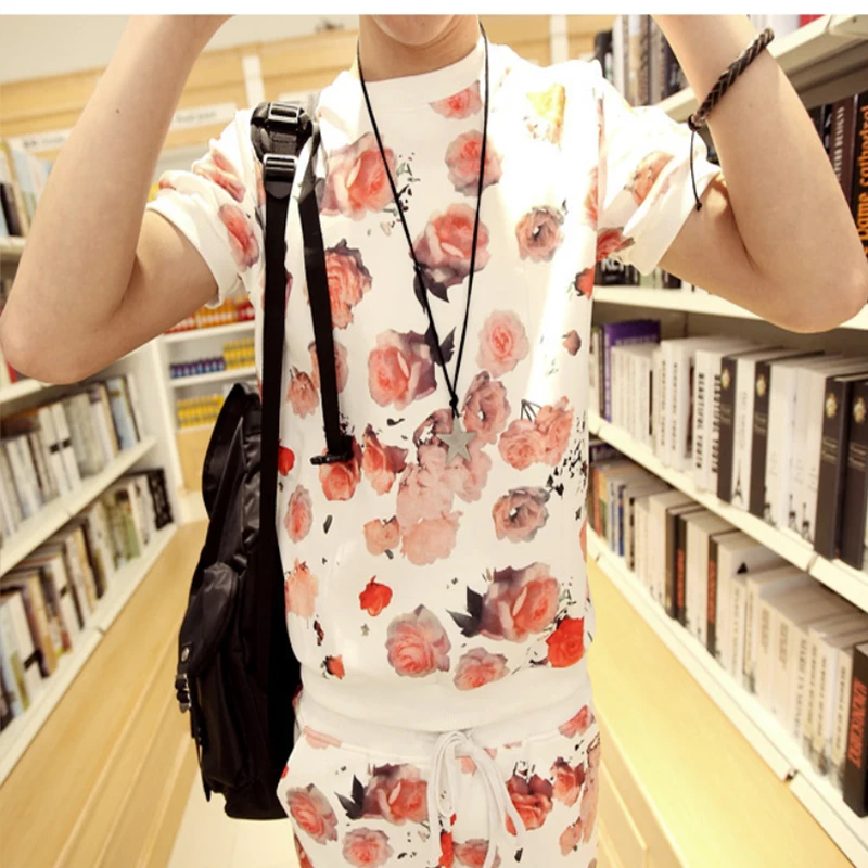 Космический хлопковый костюм с принтом роз и короткими рукавами Мужская