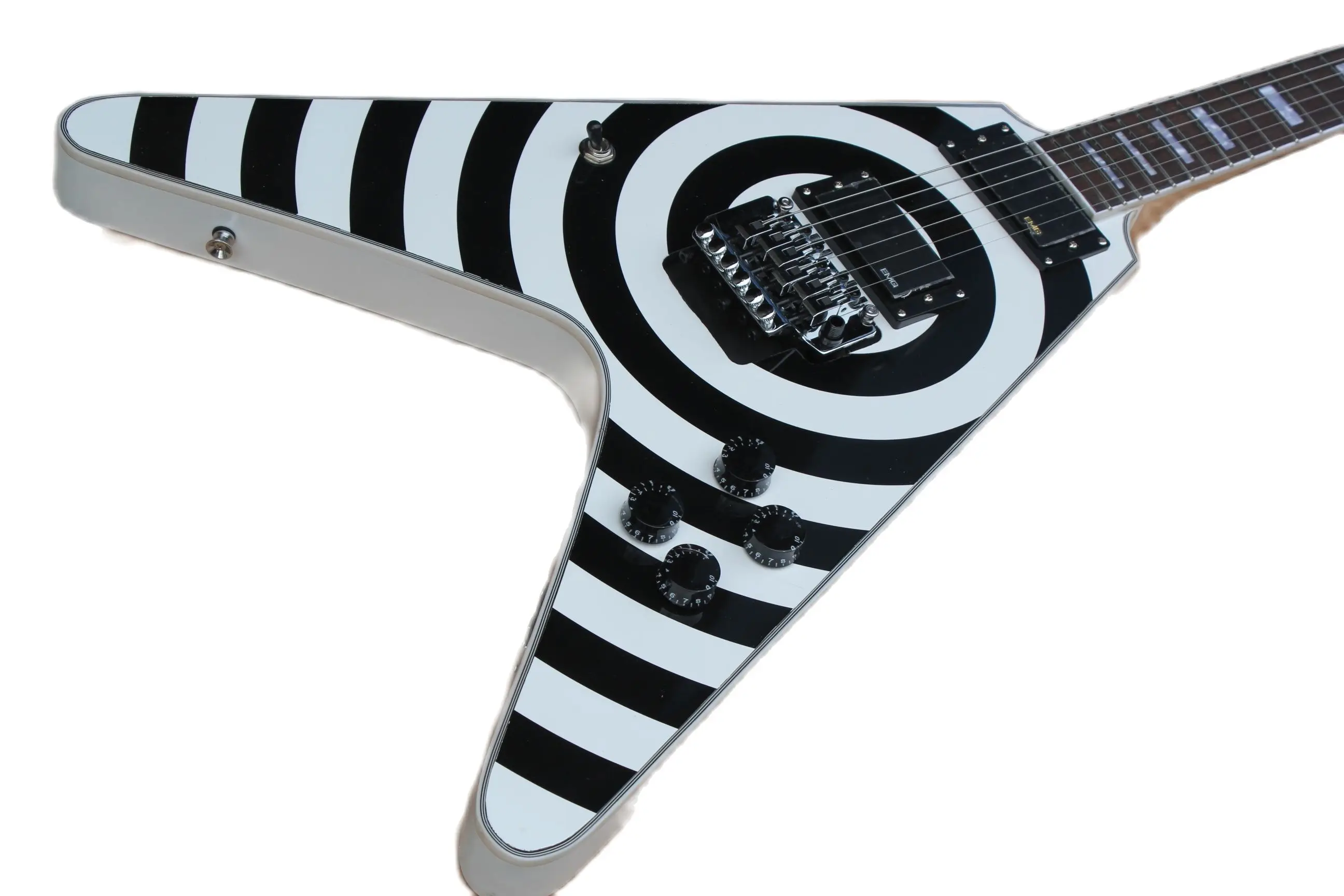 Электрическая гитара неправильной формы в виде зебры с поддержкой