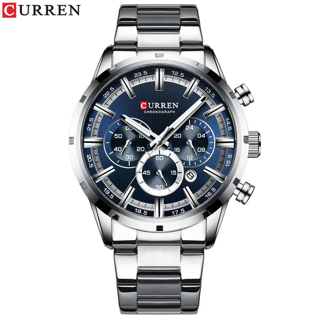 silver blue CURREN Топ бренд военные кварцевые часы серебряные часы для мужчин s кварцевые часы из нержавеющей стали с хронографом для мужчин повседневные спортивные часы - Цвет: silver blue