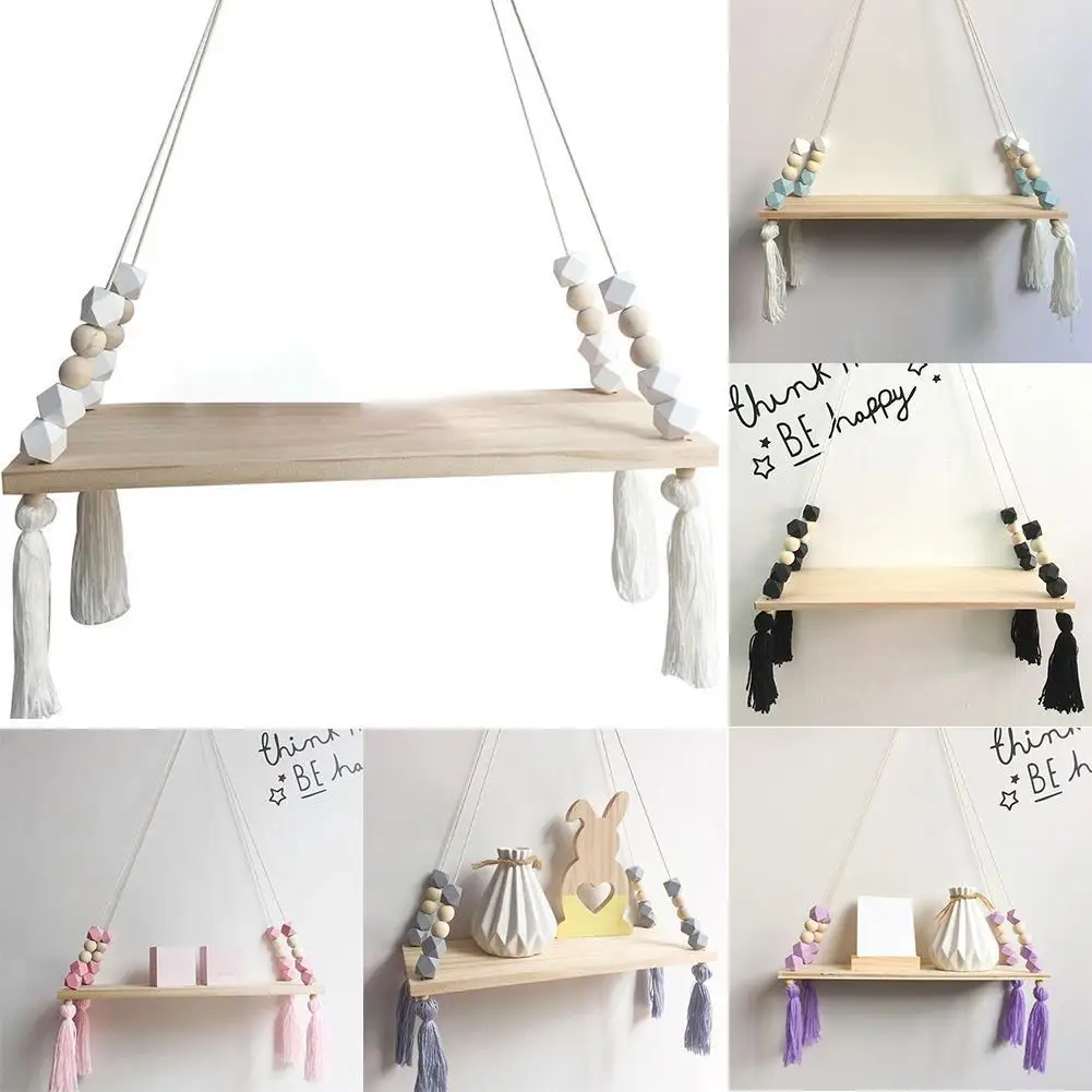

Nordic Style Storage Display Shelf Wooden Board Wall Hanging Ornaments Tassel Beads Pendant For Kids Girl Bedroom Decoration