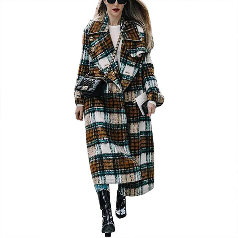 Coat Female Autumn Winter Woolen Plaid Pattern Coats Long Sleeve Coat Casual Thick Warm Wool Jacket Female Outwear