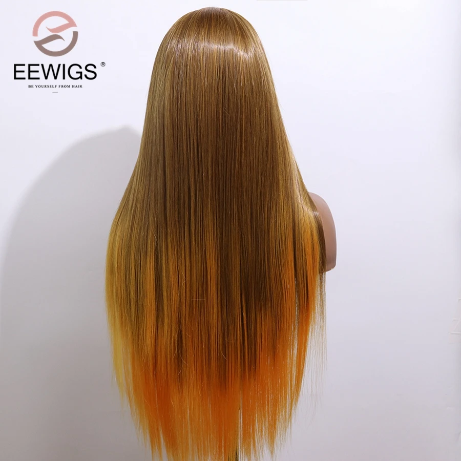 EEWIGS Glueless 13x6 парик фронта шнурка коричневый цвет прямой синтетический парик фронта шнурка блонд Ombre Оранжевый Парики высокая температура волос