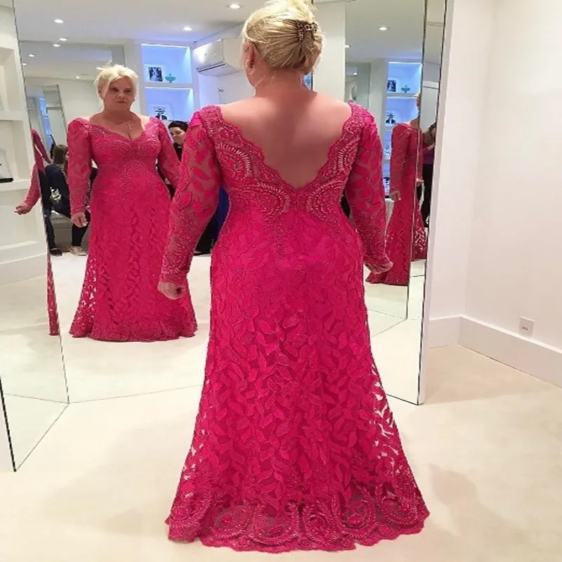 

Plus Size Women's Retro Floral Lace Vintage Long Sleeve Slim Ruched Wedding Maxi Mother of the Bride Dress Evening Gown vestidos