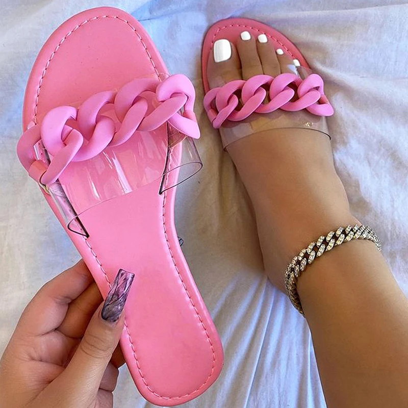 Flat Slippers Women Summer Candy Color Transparent Ladies PVC Chain Beach Sandals Slides Casual Flip Flops Jelly Shoes | Обувь