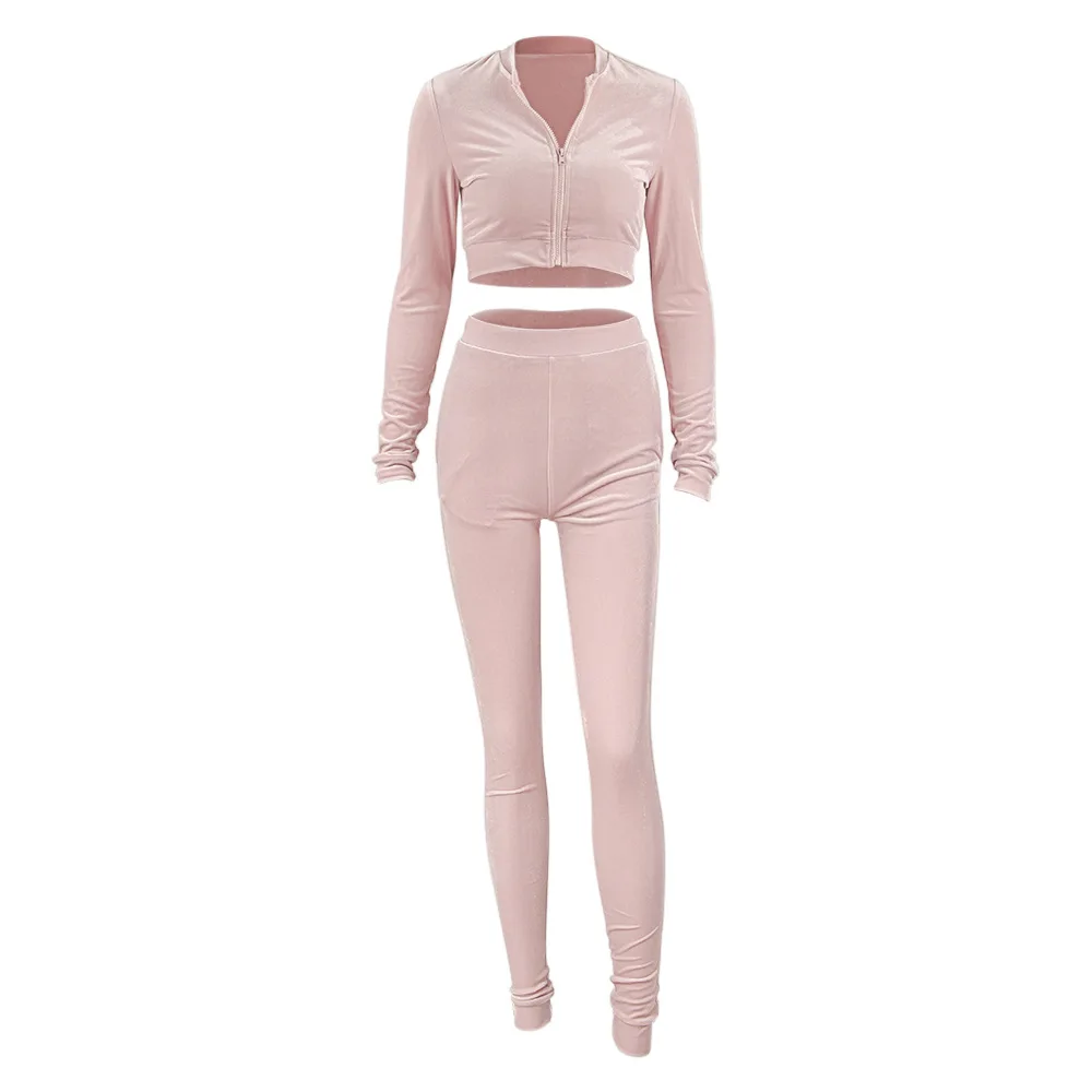 

Winter Pink Velvet Crop Jacket and Tracksuit Joggers Fashion Women Sexy Two Piece Set with Diamante Rhinestones Jogging Suits