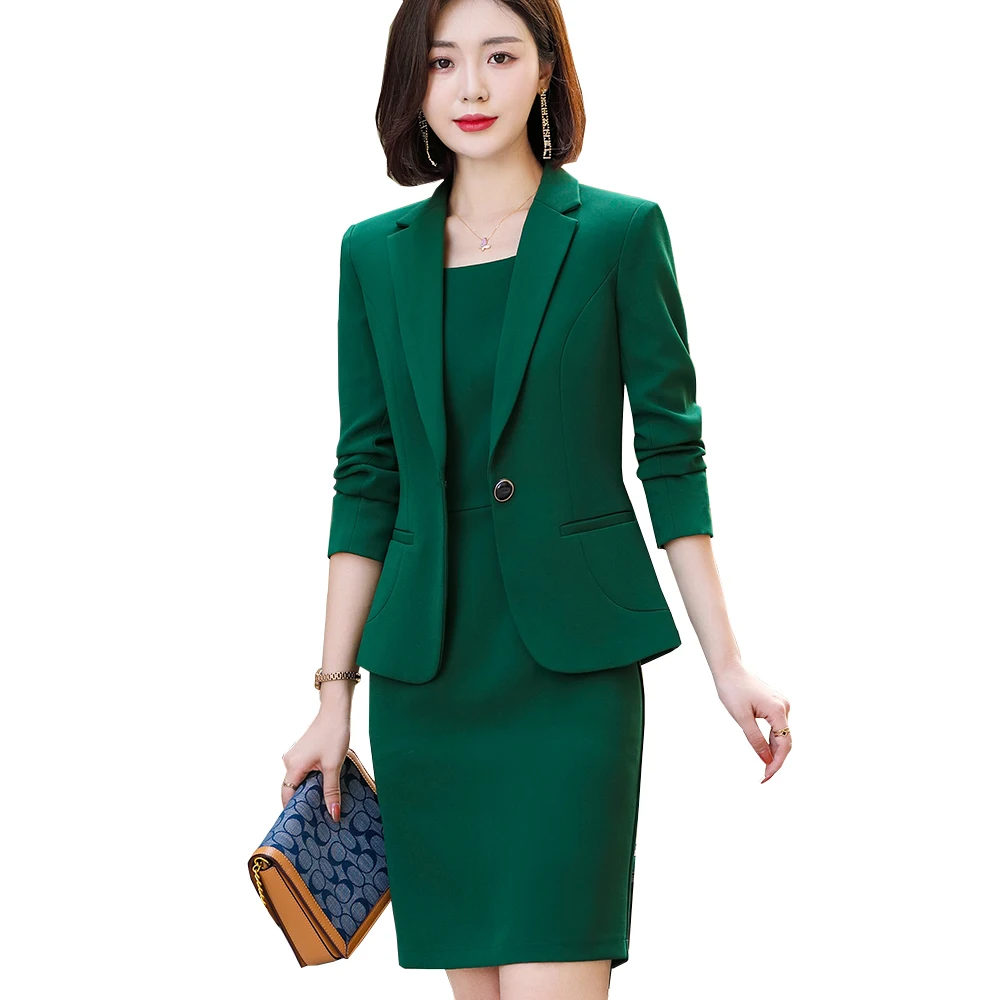

Elegant Office Ladies Formal Jacket and Skirt Suit Blazer Green Purple Black Women Business Work Wear Two Piece Set for Winter