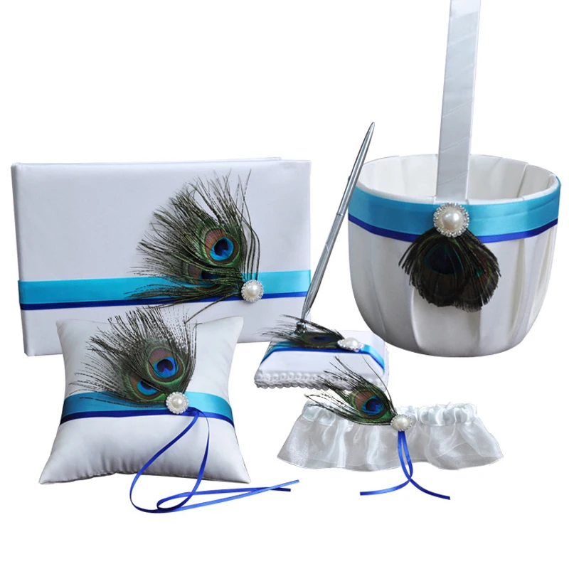 

5Pcs/set Peacock feathers decor Wedding Sets Ring Pillow & Flower Basket & Guest Book & Pen & Garter fashion Bride accessories