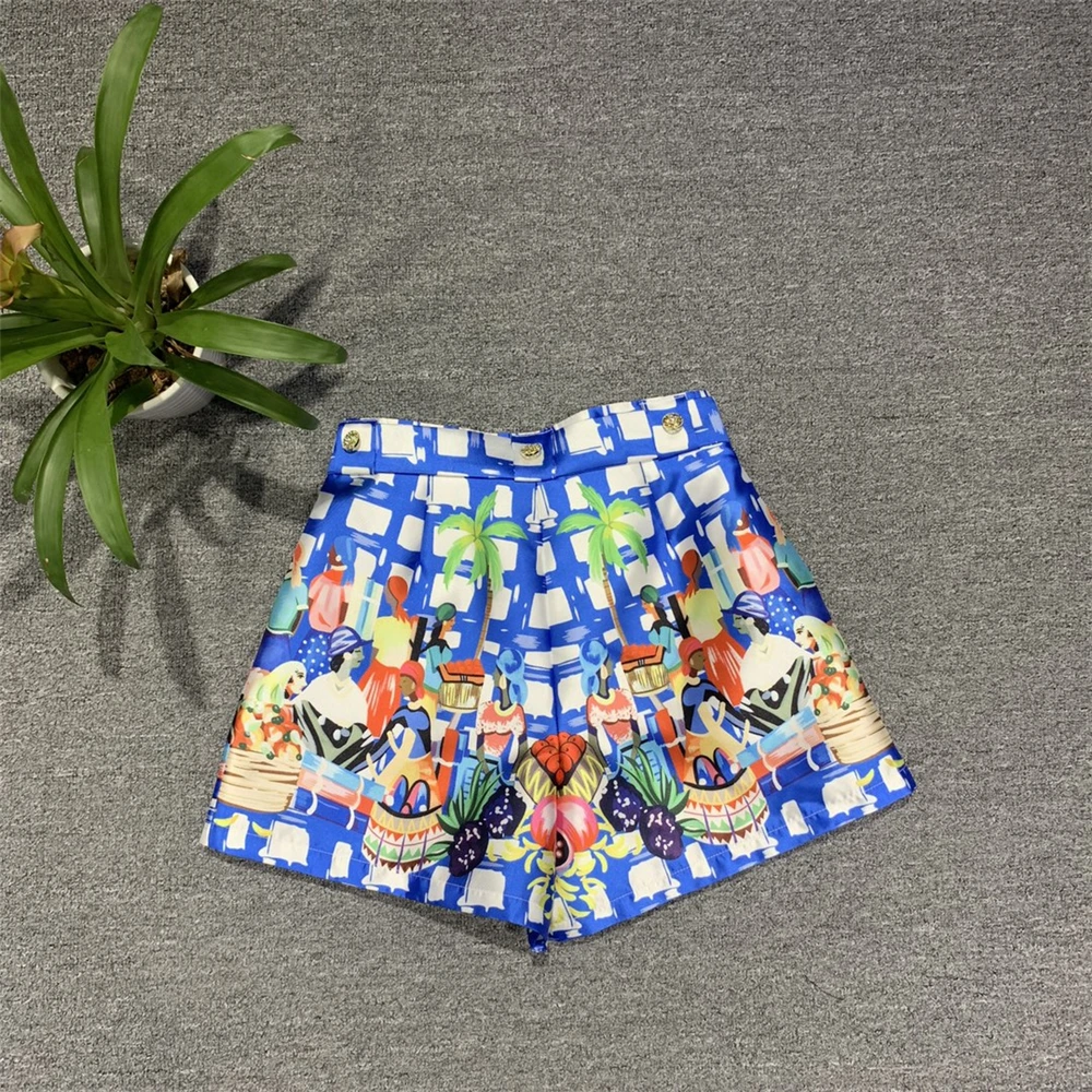 

2021 Summer Runway Fashion Shorts Women's High Street Blue Ethnic Print Tied Waist Plaid Beach Shorts