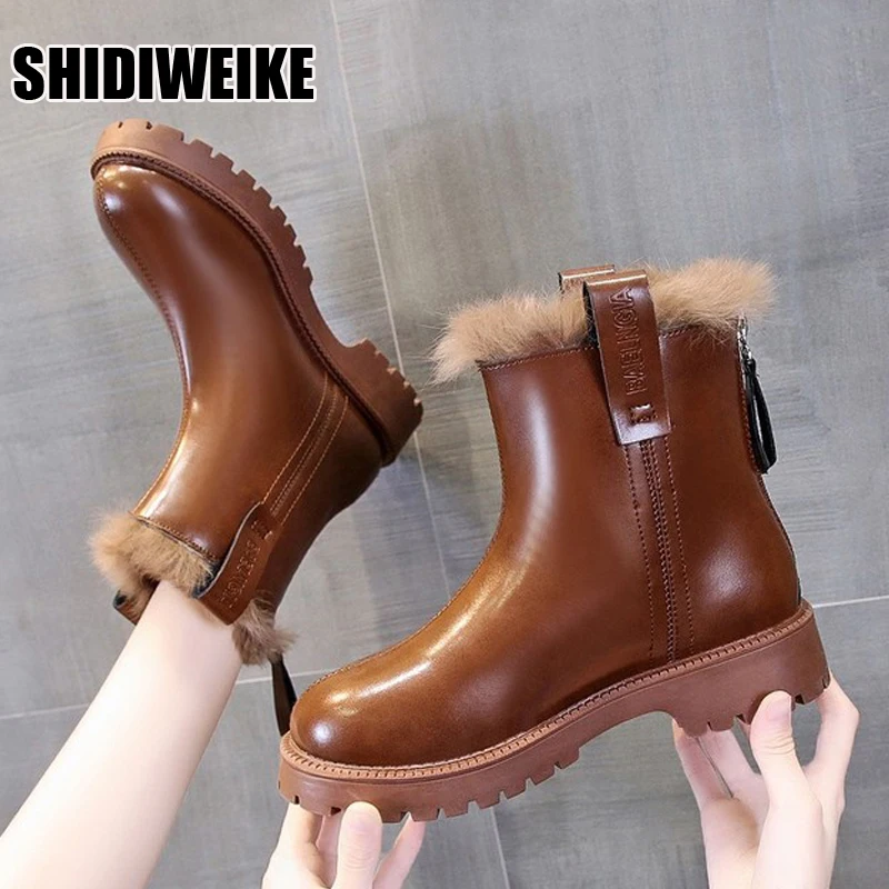 

Fashion Winter Women Leather Ankle Boots Female Thick Plush Warm Snow Boots Back zipper Waterproof Non-slip Booties vc1372