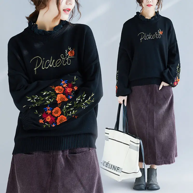 

Sweater Women Loose Korean Autumn And Winter Embroidered Pullover Tops Stand Collar Bottoming Casual Knit Shirt y1299