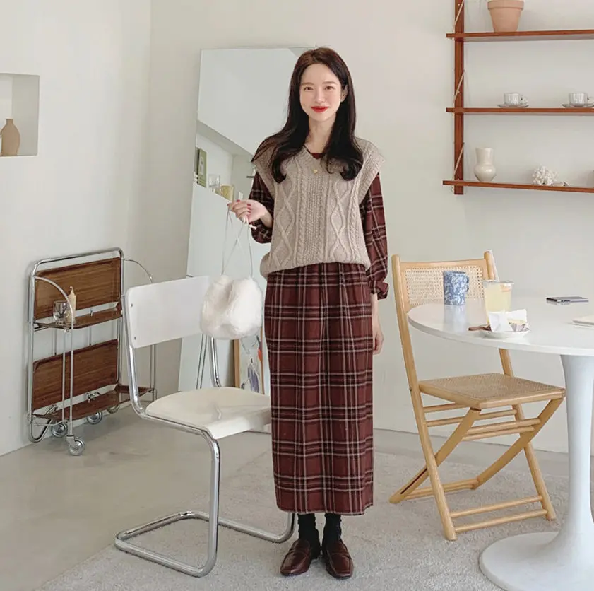 Свитер для девочек Осенний вязаный жилет костюмы клетчатые женские платья