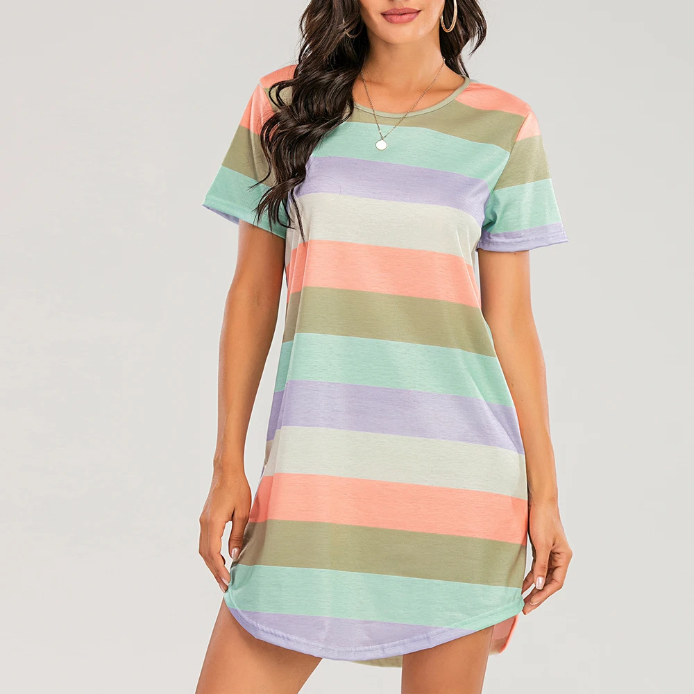 

Sexy Pyjamas Night Dress for Women Short-Sleeved Rainbow Striped Nightgown Loose Dormir Tops Large Size Leisure Sleepwear S-5XL
