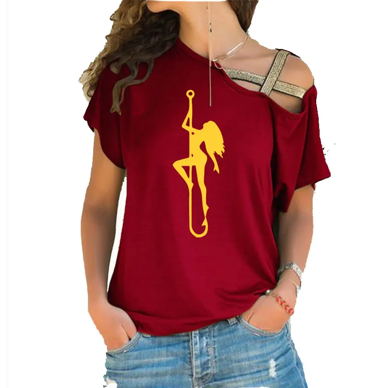 

New Personality Fish Hook Wire Stripper print T Shirt Woman Cotton Irregular Skew Cross Bandage Tshirt