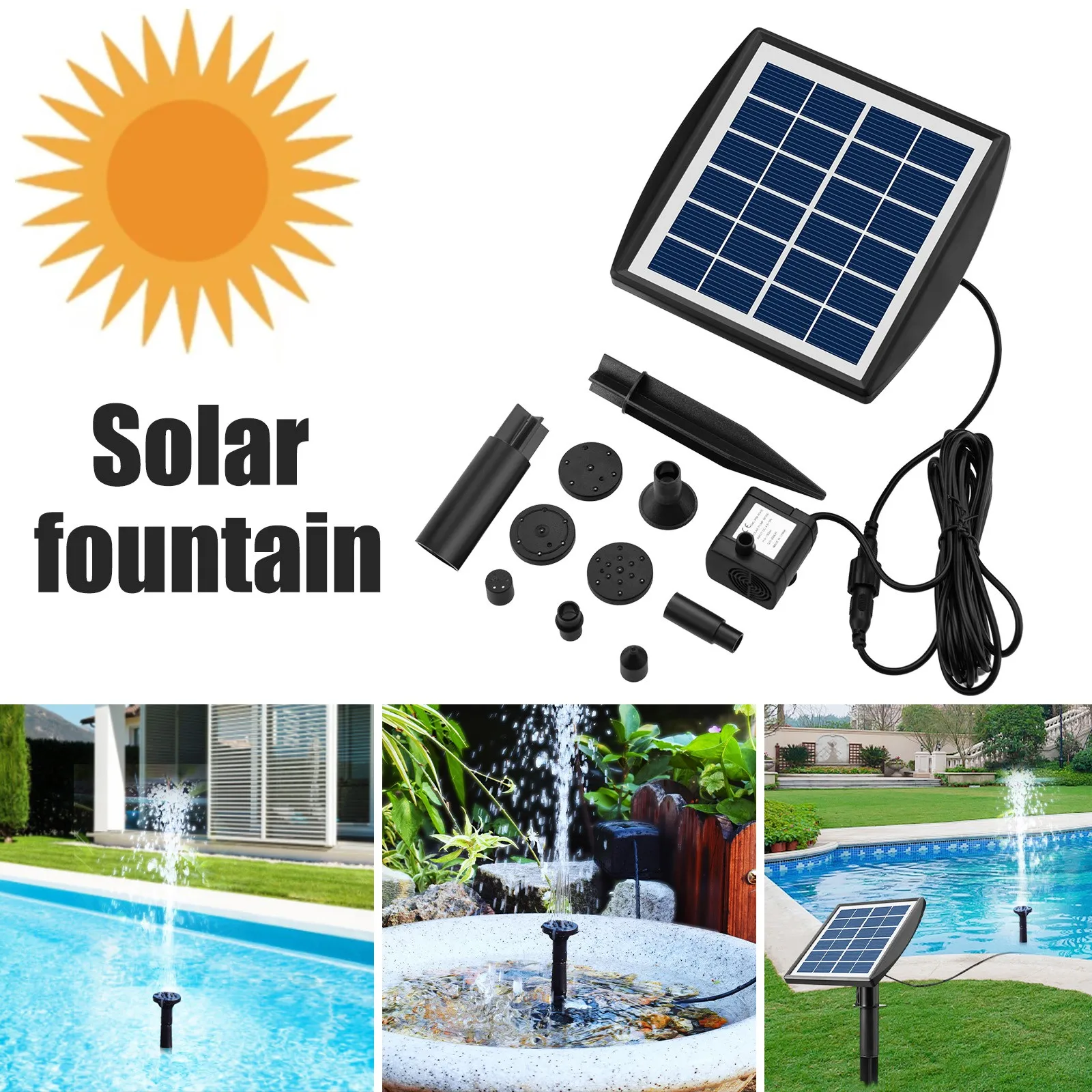 

Solar Panel Fountain 150L/H 6V Water Pumps 2W Black Garden Pool Pond Aquarium Long Life Span Sunlight Bird Baths Spray Nozzles