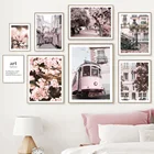 Розовые цветы вишни трава трамвай велосипед Девушка стены искусства холст живопись скандинавские плакаты и принты настенные картинки для декора гостиной