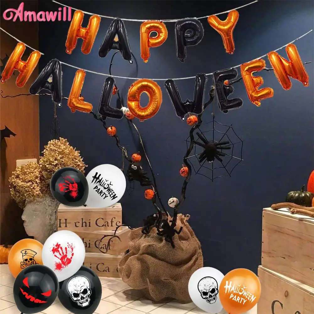Вечерние воздушные шары для Хэллоуина с ручной печатью в виде тыкв черепа