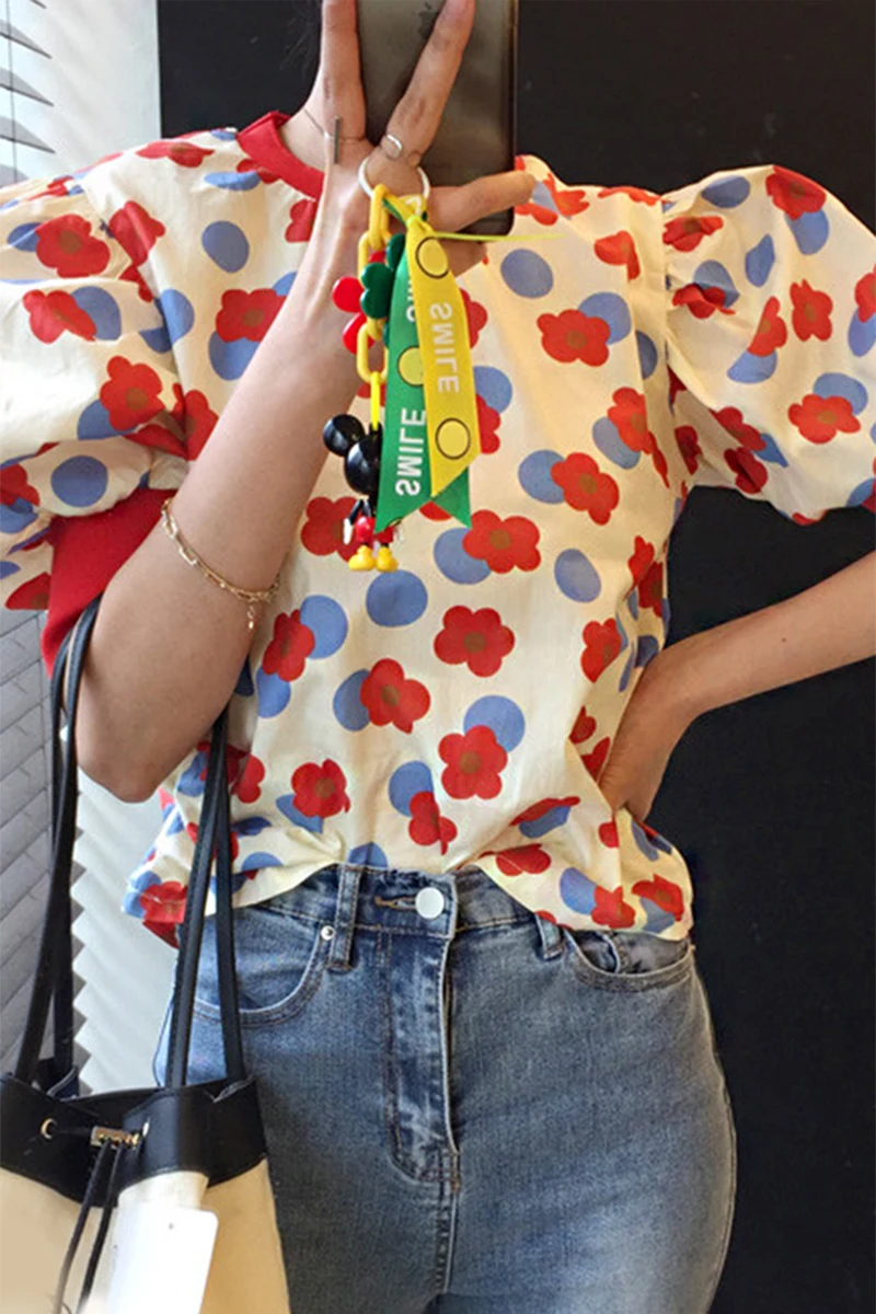 

Korejpaa Women Shirt 2021 Summer Korean Fashion Print O Neck Hit Color Small Flower Design Loose Bubbly Bubble Sleeve Blouse Top