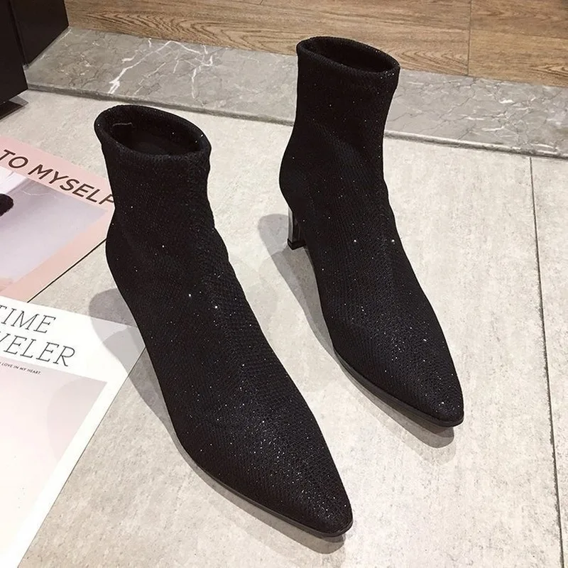 Slim Stretch Ankle Boots for Women Pointed Toe Sock Square High Heel Shoes Woman Fashion Crystal Shine Female | Обувь