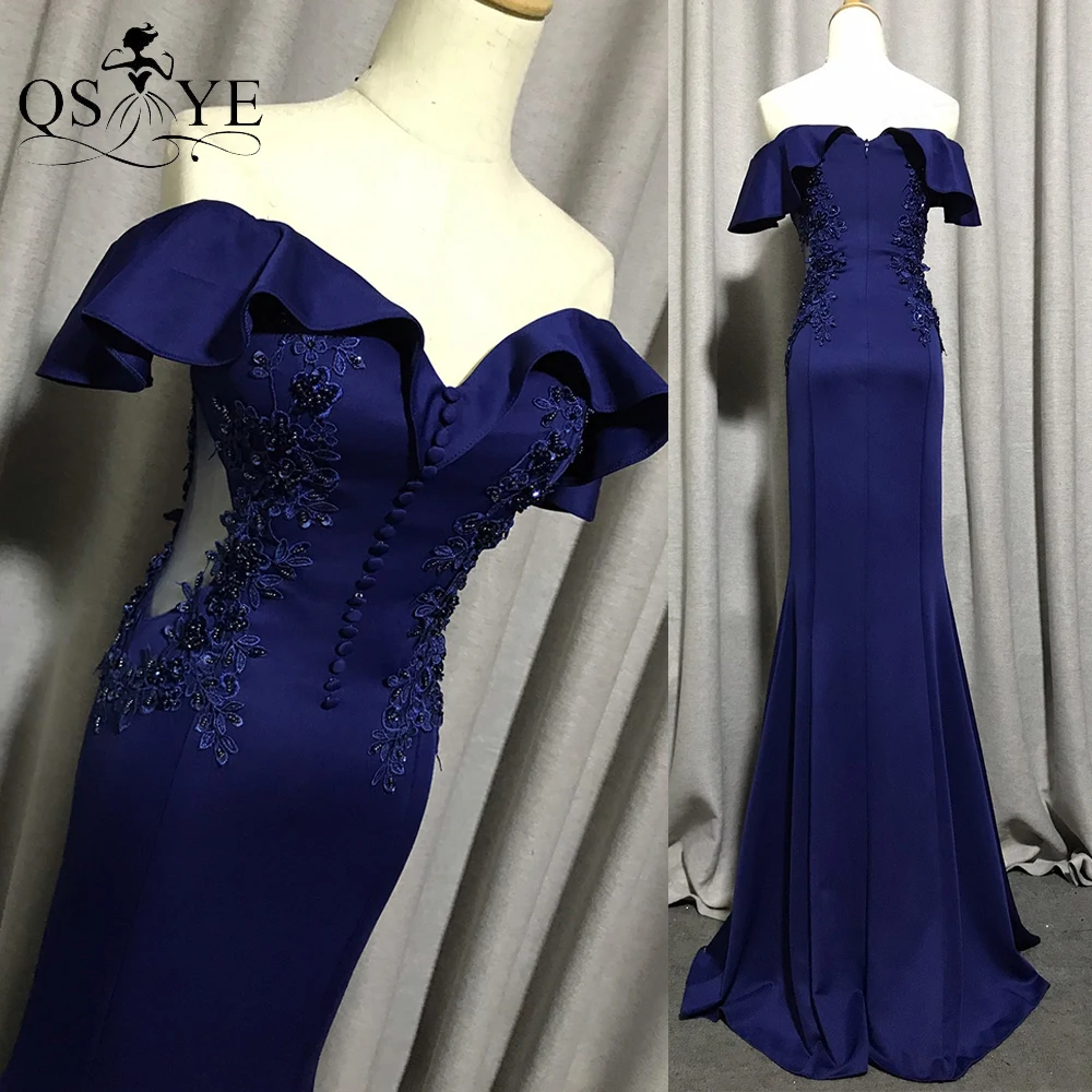 

Navy Evening Dress Mermaid Long Prom Gown Off Shoulder Dress Bead Appliques Blue Formal Gown Ruffle Short Sleeves Buttons Gown