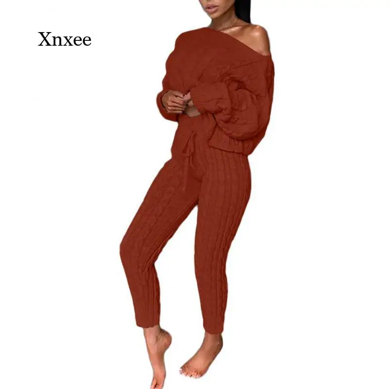 

Autumn and Winter Women's Knitted Two-Piece Women's Suit Long-Sleeved One-Shoulder Sweater Sweater Pullover Tights Suit Women Sp
