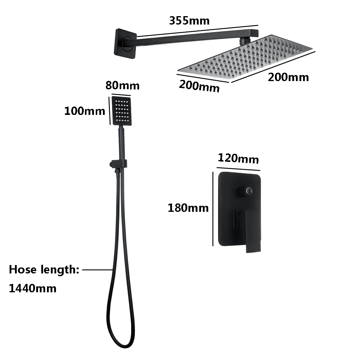 

8 Inch Black Square Rainfall Shower Set Bathroom Rainfall Shower Head Faucet Wall Mounted Mixer Tap Handheld Shower Spray Set