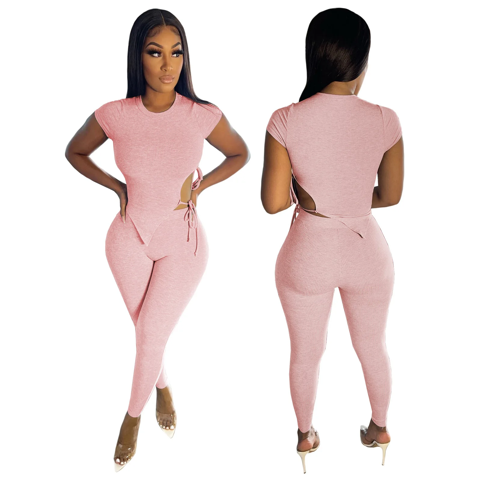 Женский трикотажный комплект из двух предметов однотонный укороченный топ с