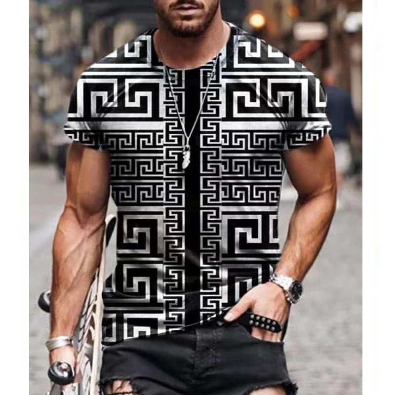 

Pop Palace Style Baroque T Shirt Men Geometric Print Short Sleeved Casual Loose Top Men's T-Shirt For Male Oversize Clothing