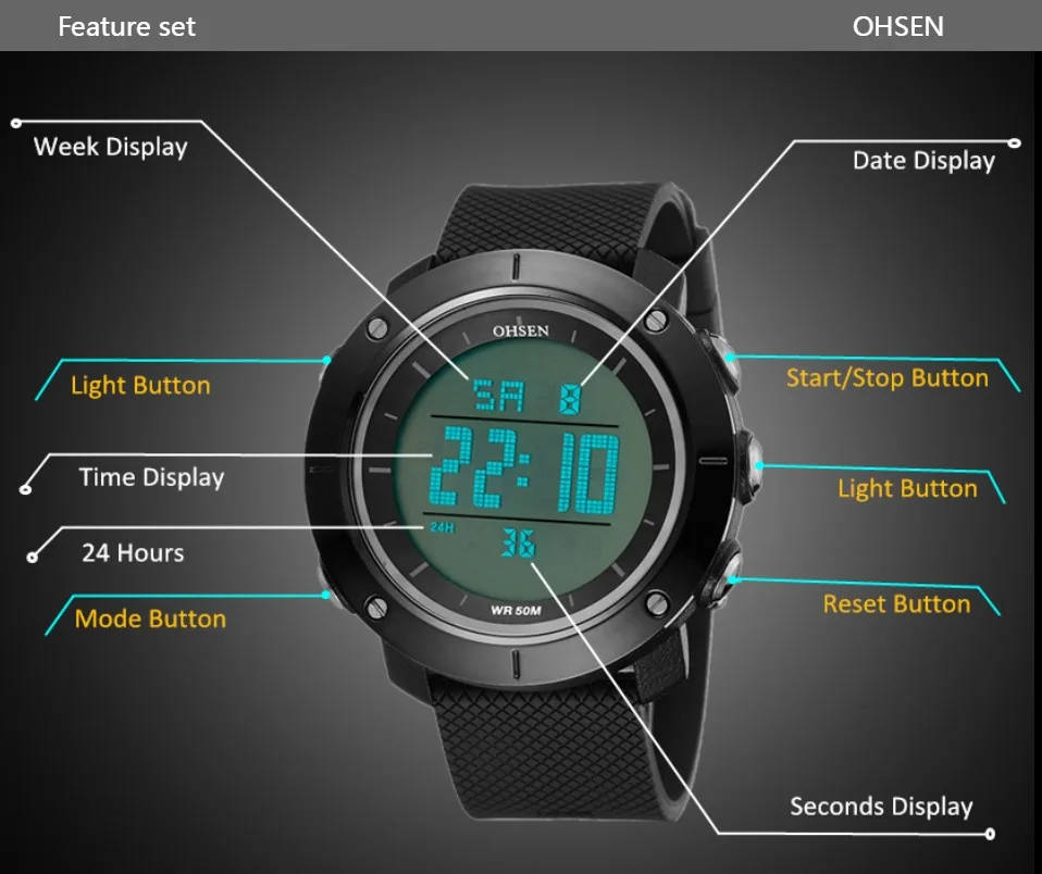 OHSEN Mens Digital Watch Waterproof Swimming Men electronic Fashion Wristwatch Black military male clocks Relojoes Hombre Gifts | Наручные