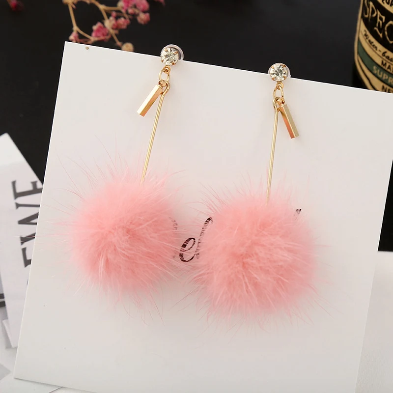 Pink Серьги в Корейском стиле с милым кроличьим мехом и помпоном, длинные висячие серьги для девочек и женщин, уникальные мягкие Висячие серьги, ювелирные изделия - Окраска металла: Pink