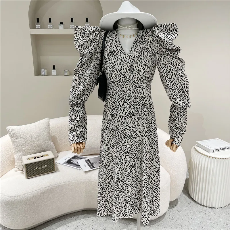 

Women's Spring Summer 2021 Fashion V-neck Lantern Sleeve Leopard Chiffon Dress