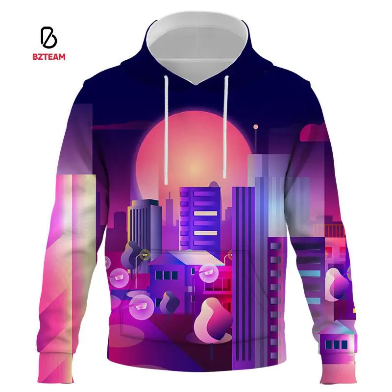 

BZTEAM Fashion City Night View 3D Printing Funny Men's Hoodie Sweater Harajuku Hoodie Pullover Unisex Hip Hop Oversized Hoodie