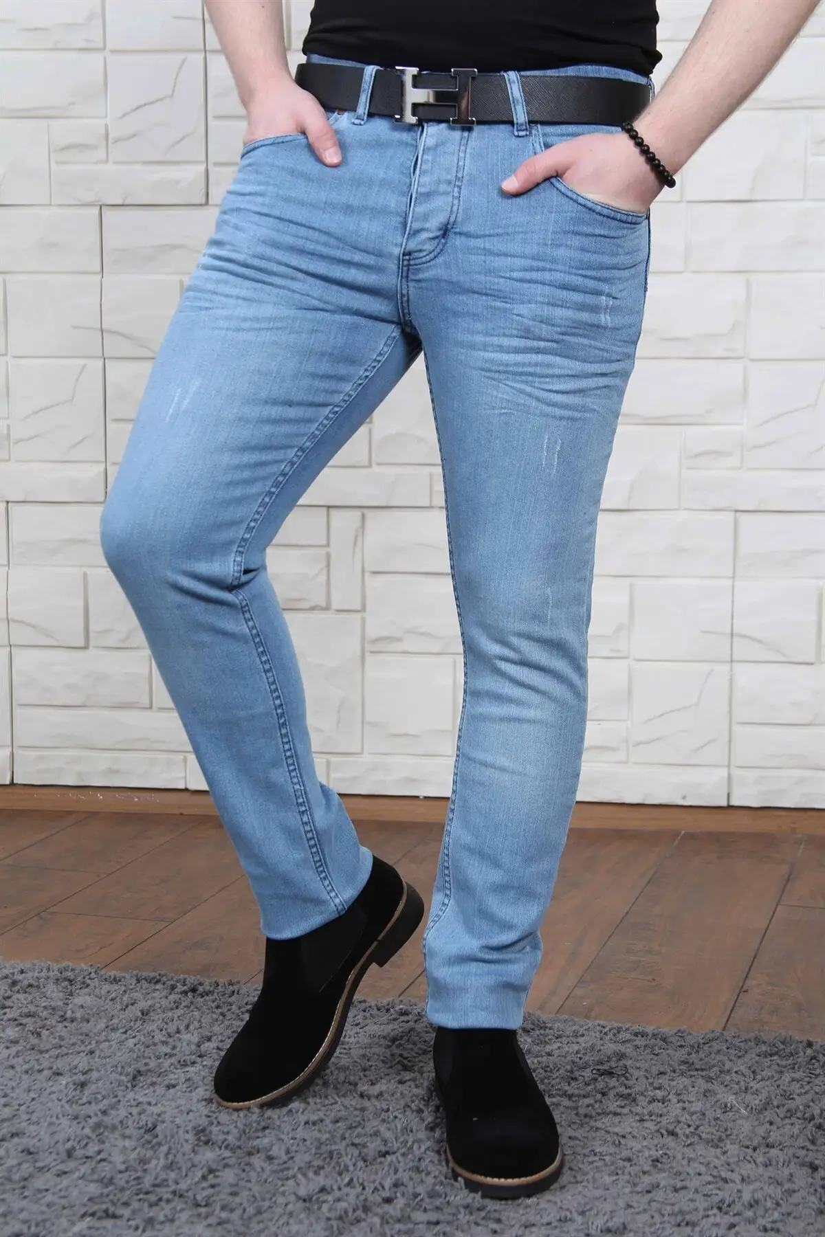 Slimfit синие джинсы штаны растяжимые прочный английский нитки пуговицы 2021 Мужская