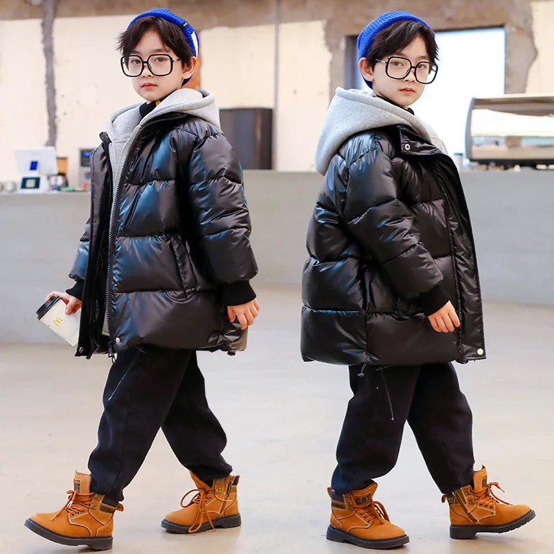 

Teen Winter Children Clothing Boys Fake Two Hooded Coat Kids Parka Children Jackets Coat Black Silver Thick Snowsuit 4-14 Years