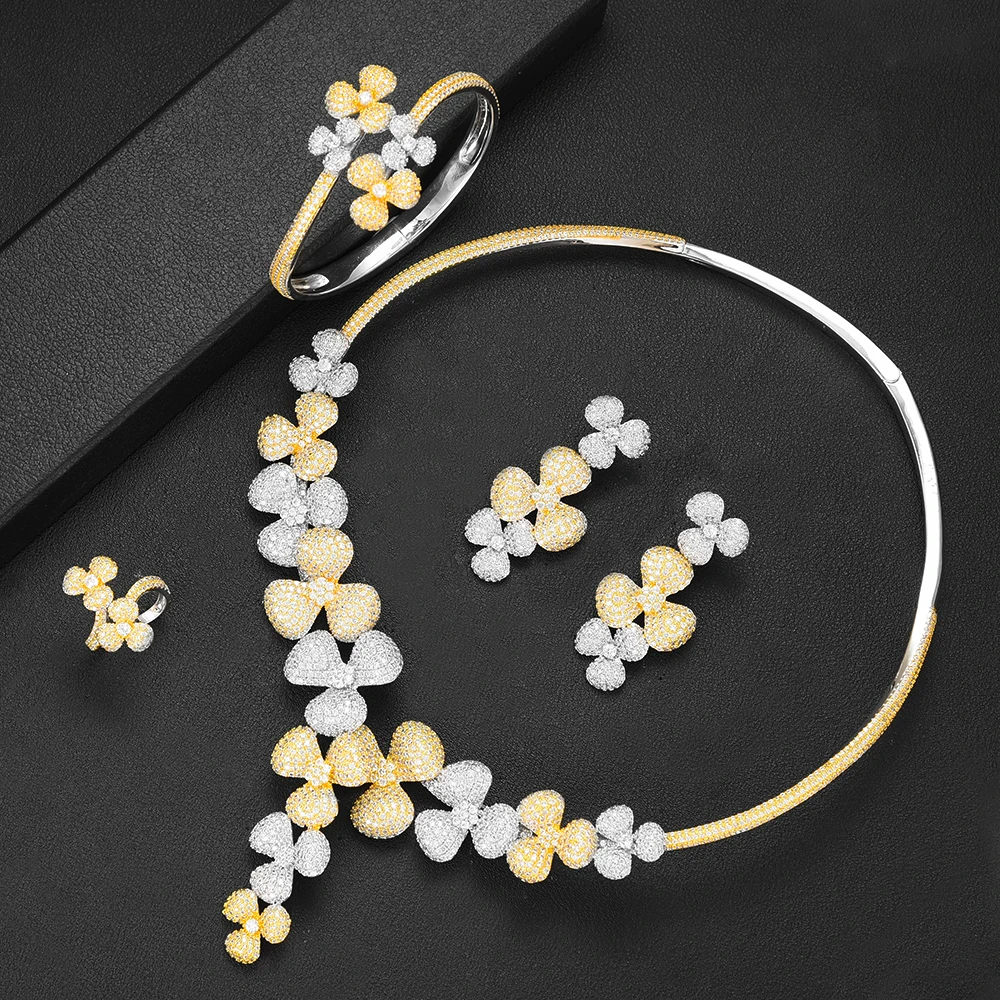 

LARRAURI New Luxury Geometry Leaf Statement Jewellry Set Charms Women Wedding Cubic Zirconia Dress Necklace Earring Jewelry Sets