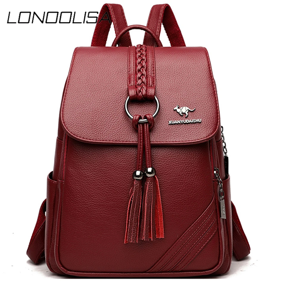 

2021 High Quality Leather Backpack Women Leather Travel Backpack School Bags for Teenage Girl Fashion Tassel Design Bagpack Sac